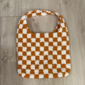 Handmade Checkered Crochet Bag - Orange and White